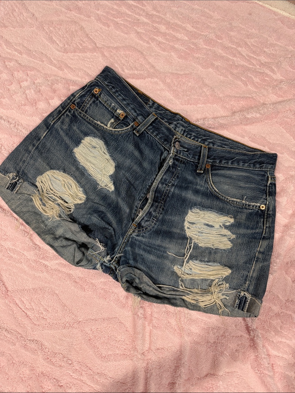 Levi's Distressed Dark Blue Denim Jean Shorts